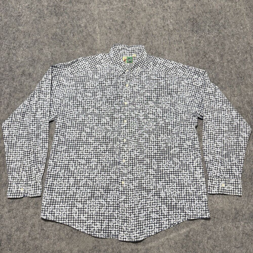 Vintage Johnny Cotton Shirt Mens Large Blue Gingham Check Floral Made in USA